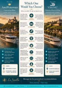 Side-by-side infographic comparing Viking Châteaux, Rivers & Wine and AmaWaterways Captivating Rhine river cruises by style, cabins, dining, excursions and ideal traveler.