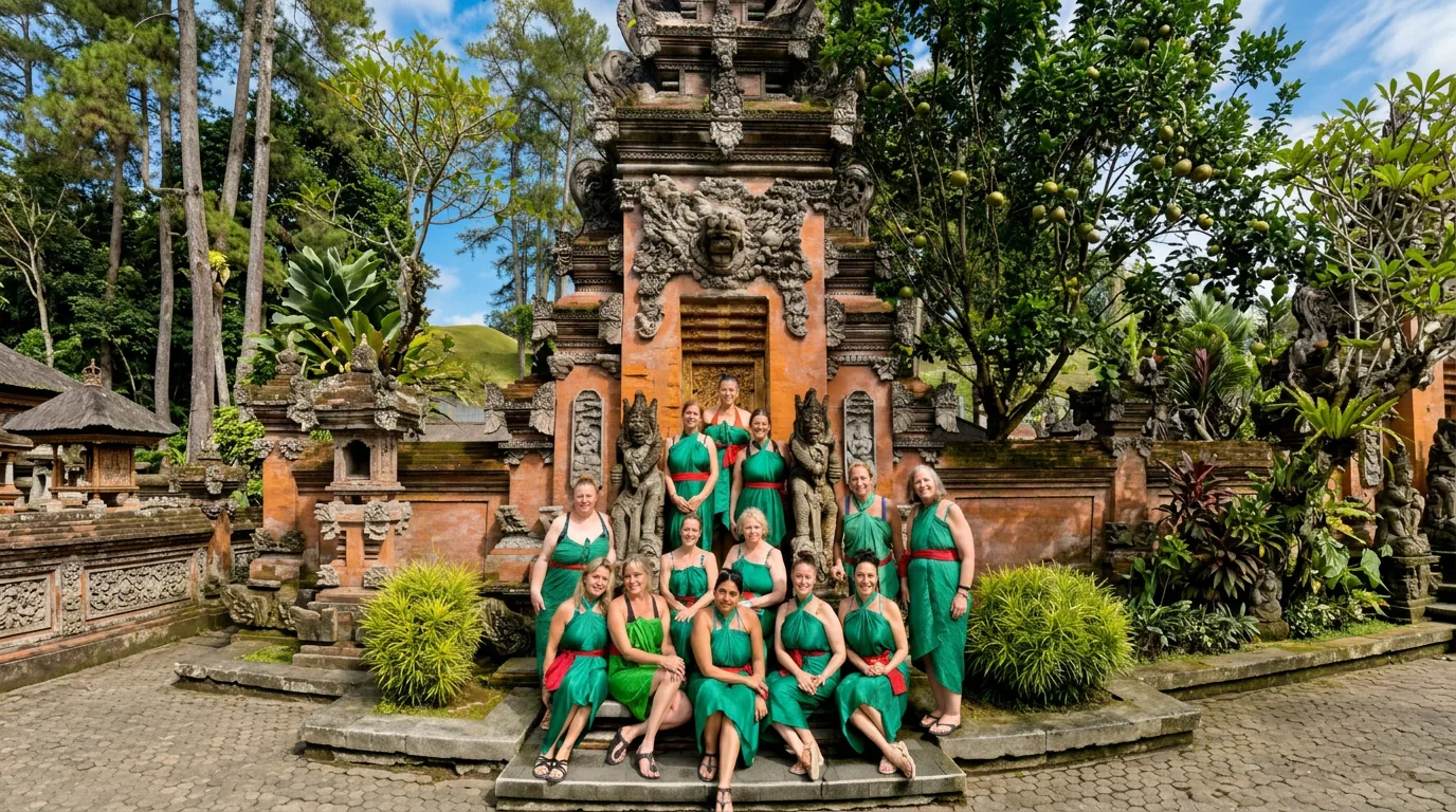 A group of women in green sarongs gathered on the stone steps of a Balinese temple