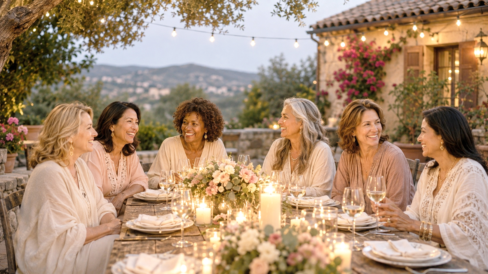 Women gathered for an evening meal at a Tuscan villa