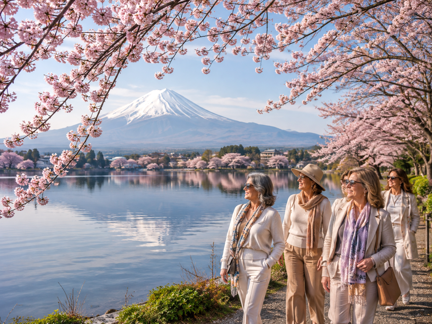 Mount Fuji framed by cherry blossoms above a still lake in spring