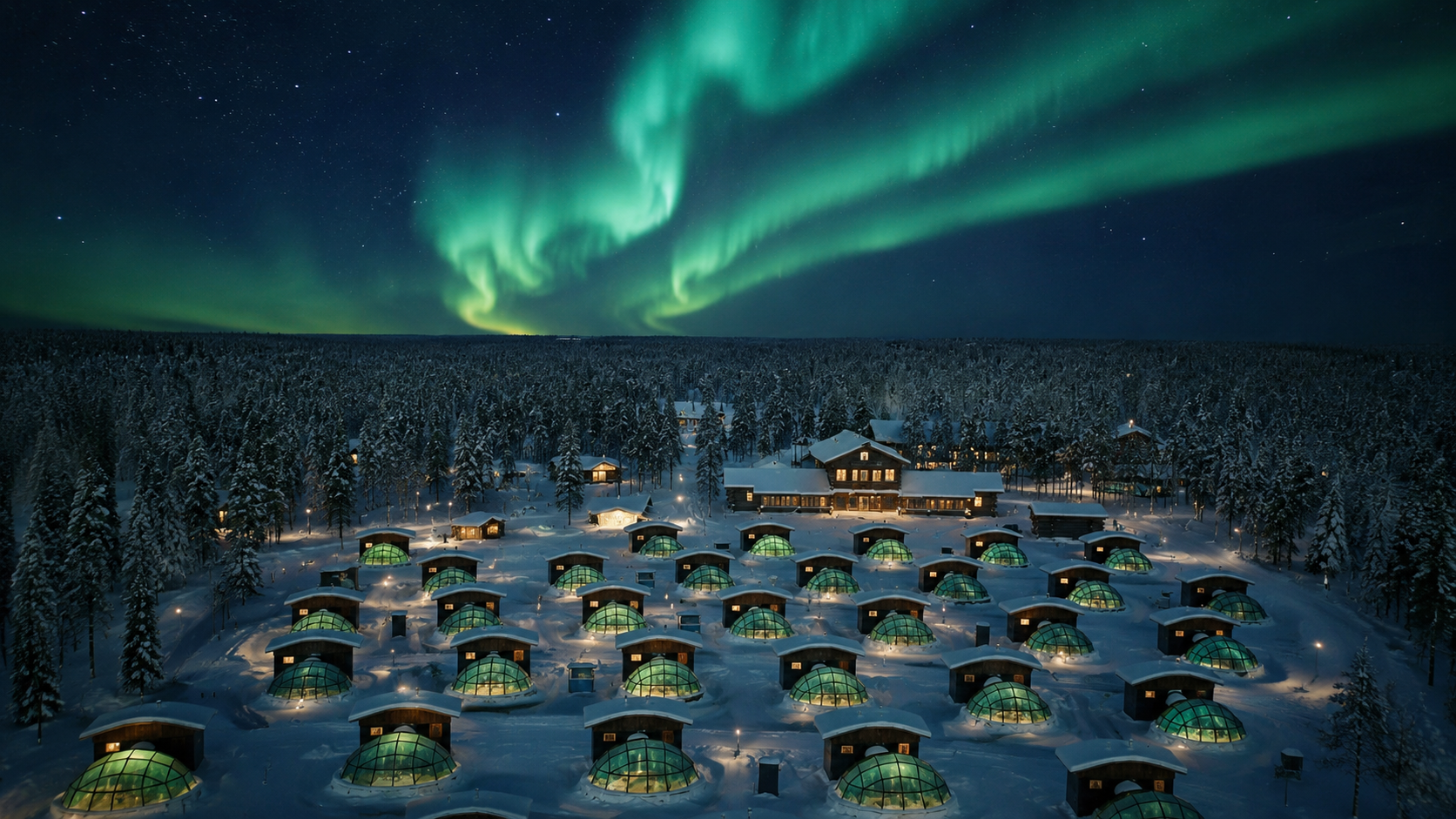 Glass igloos at Kakslauttanen Arctic Resort beneath the Northern Lights in snowy Finnish Lapland