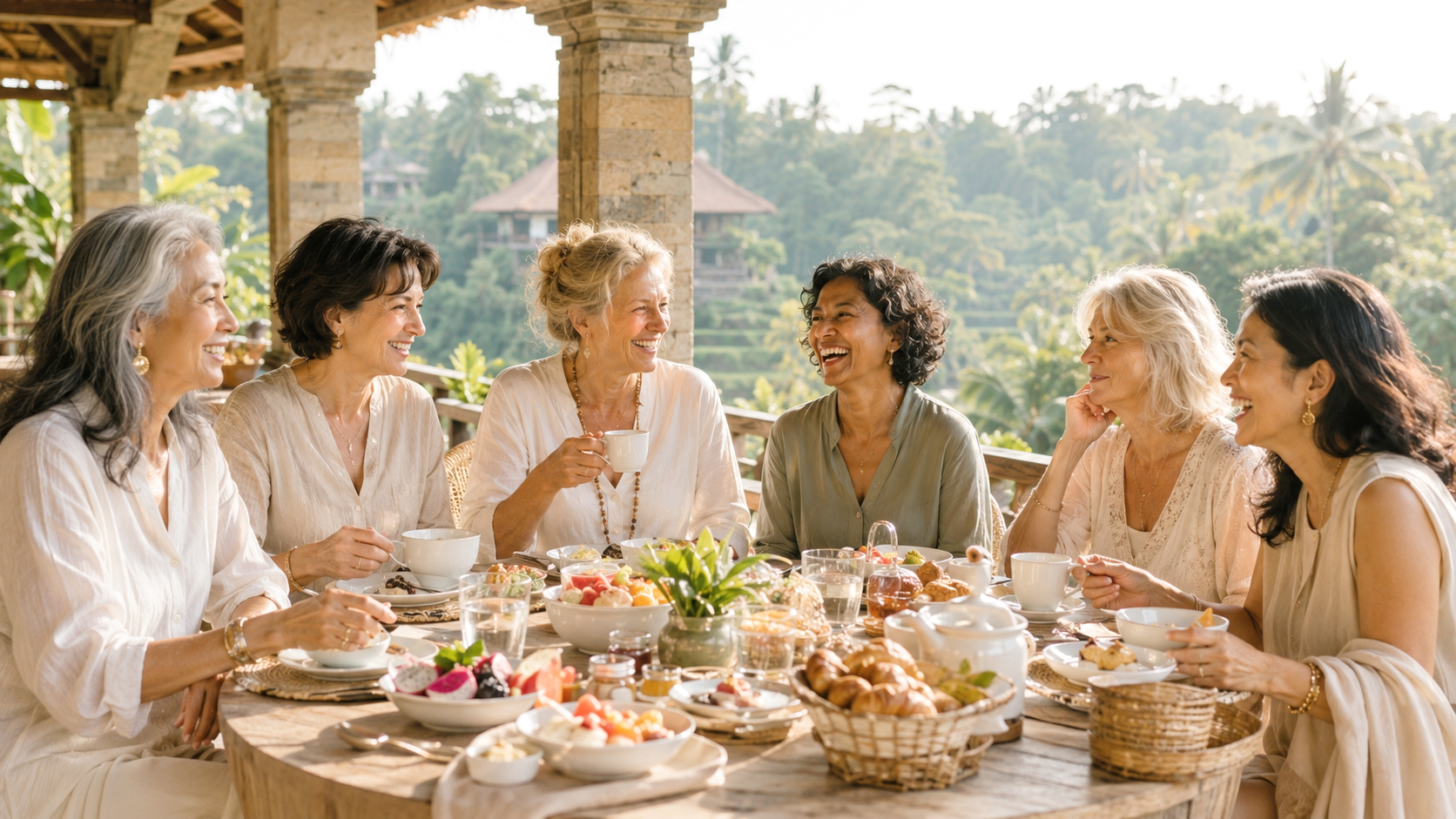 Women enjoying a shared meal together on a Bali group journey