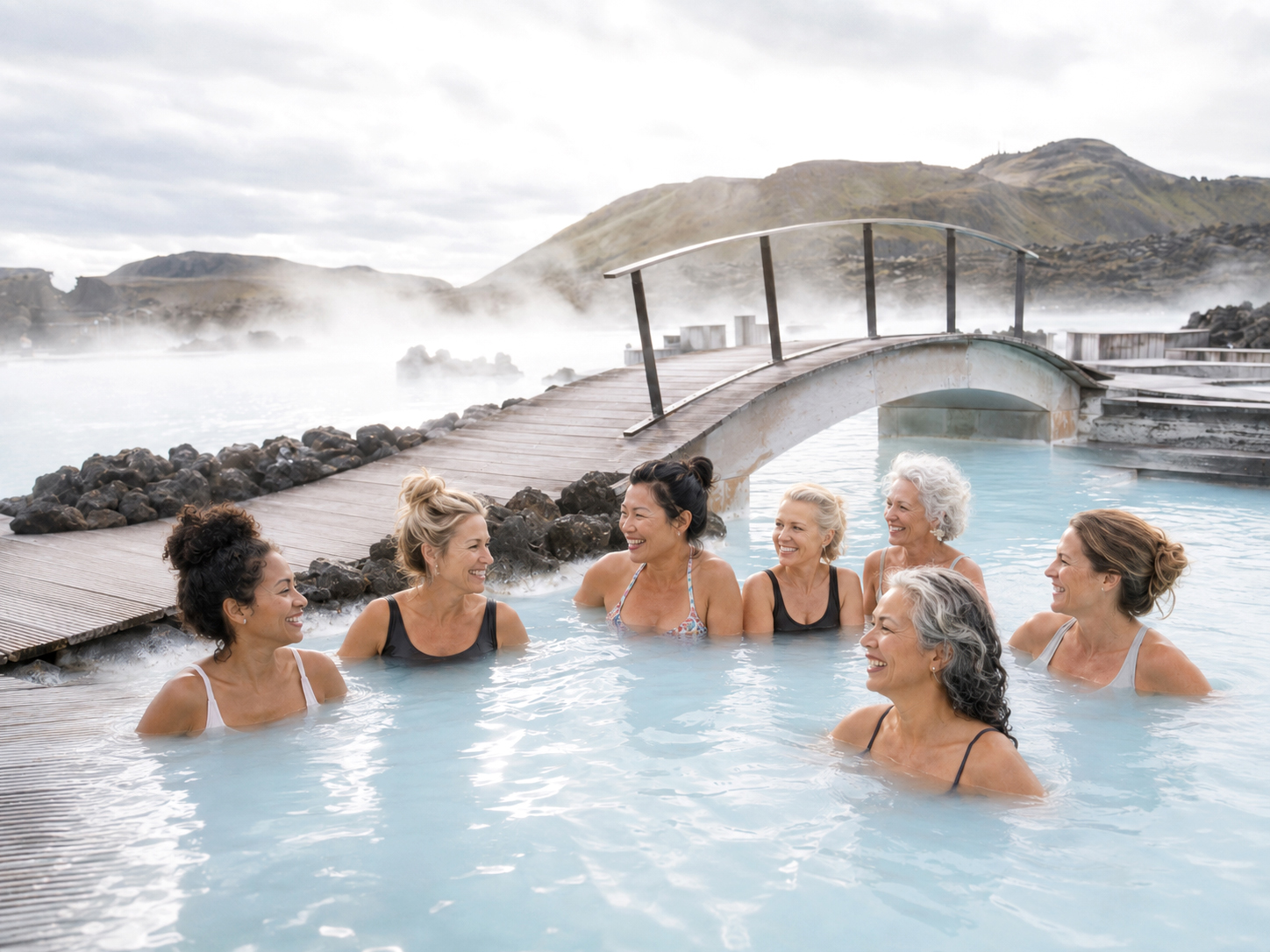 Icelandic waterfall beside a steaming geothermal pool in a volcanic landscape