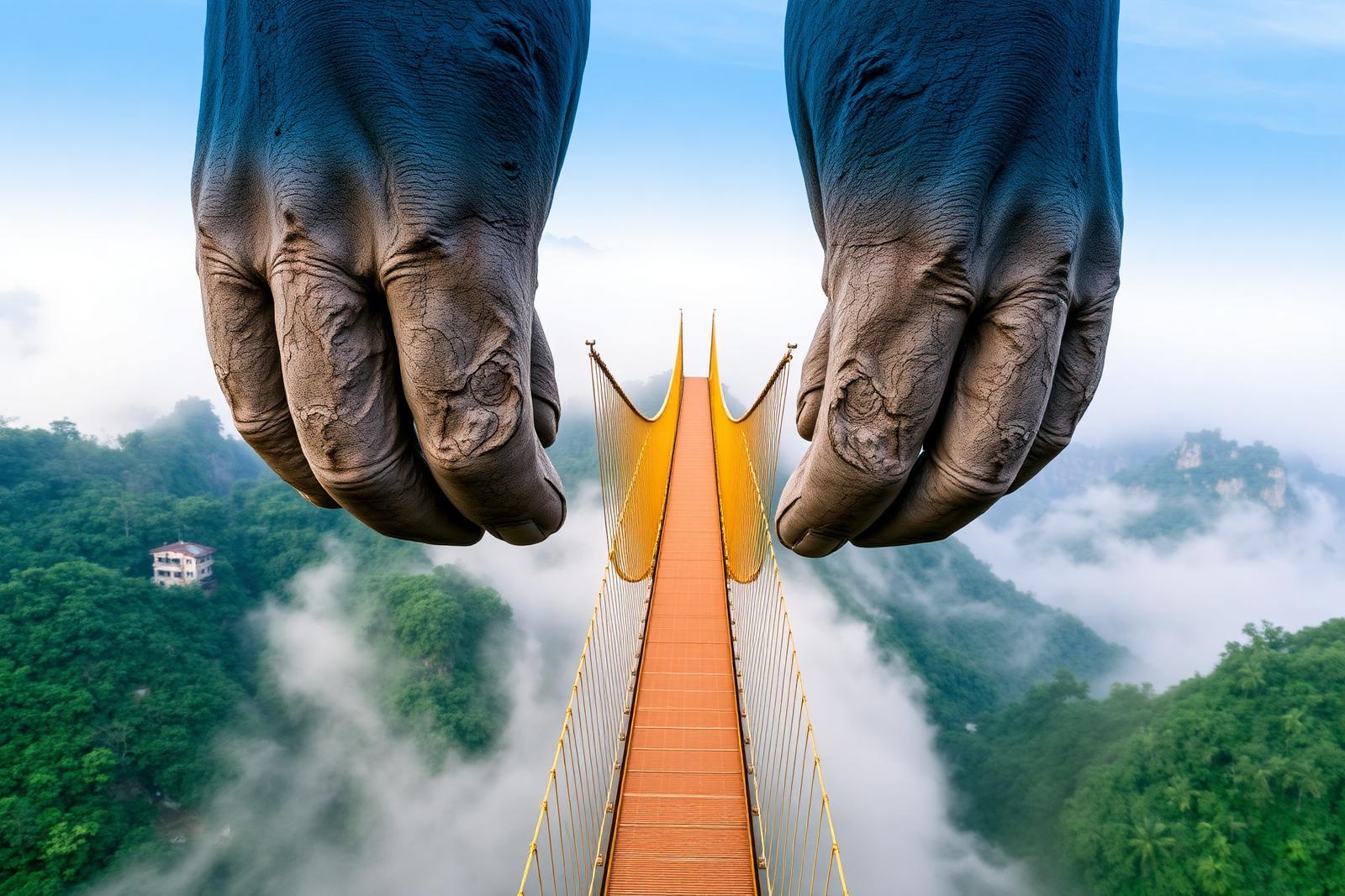 The Golden Bridge held by giant stone hands above misty forested mountains near Da Nang, Vietnam