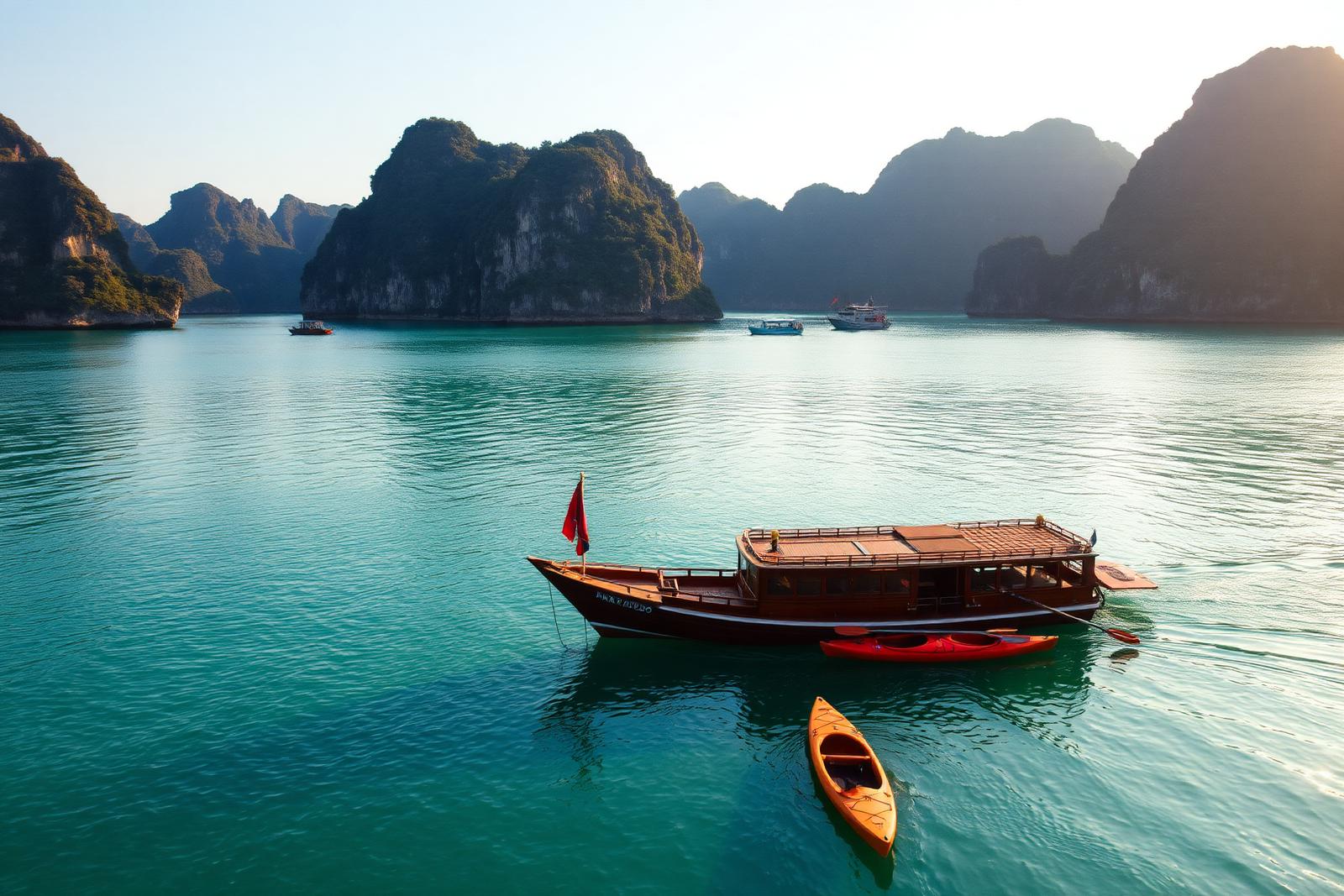 Wooden cruise boat and kayaks on the turquoise water of Lan Ha Bay among limestone karst islands