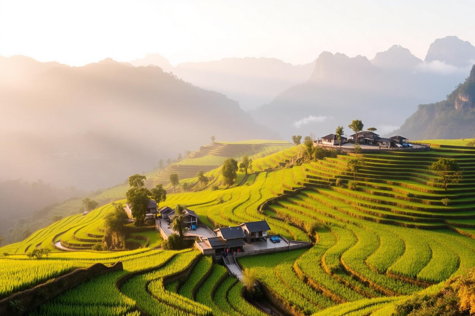 Terraced rice fields and a stilt-house village surrounded by misty mountains in Mai Chau, northern Vietnam