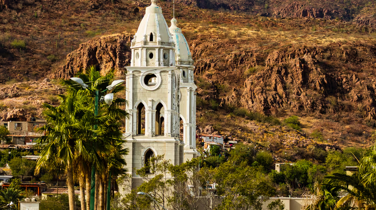 Historic church tower in Guaymas, Sonora, Mexico on the Sea of Cortez