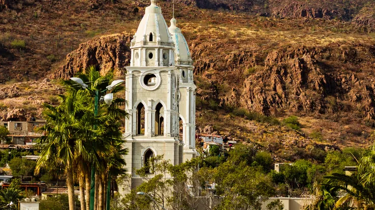 Historic church tower in Guaymas, Sonora, Mexico on the Sea of Cortez