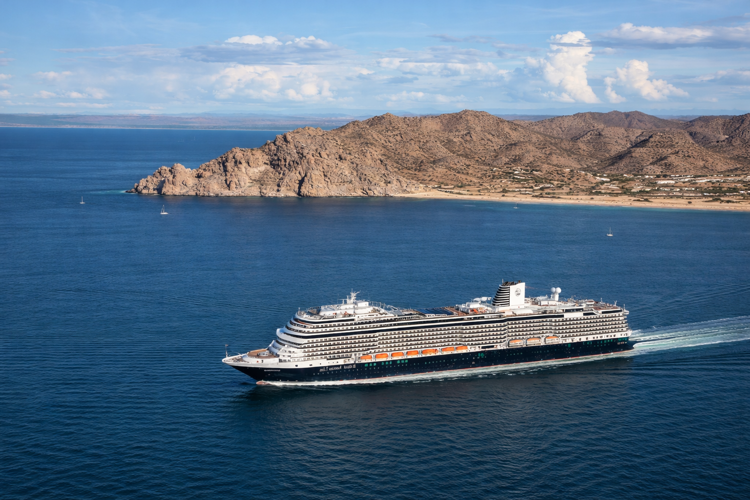 Baja Peninsula coastline with cruise ship at golden hour